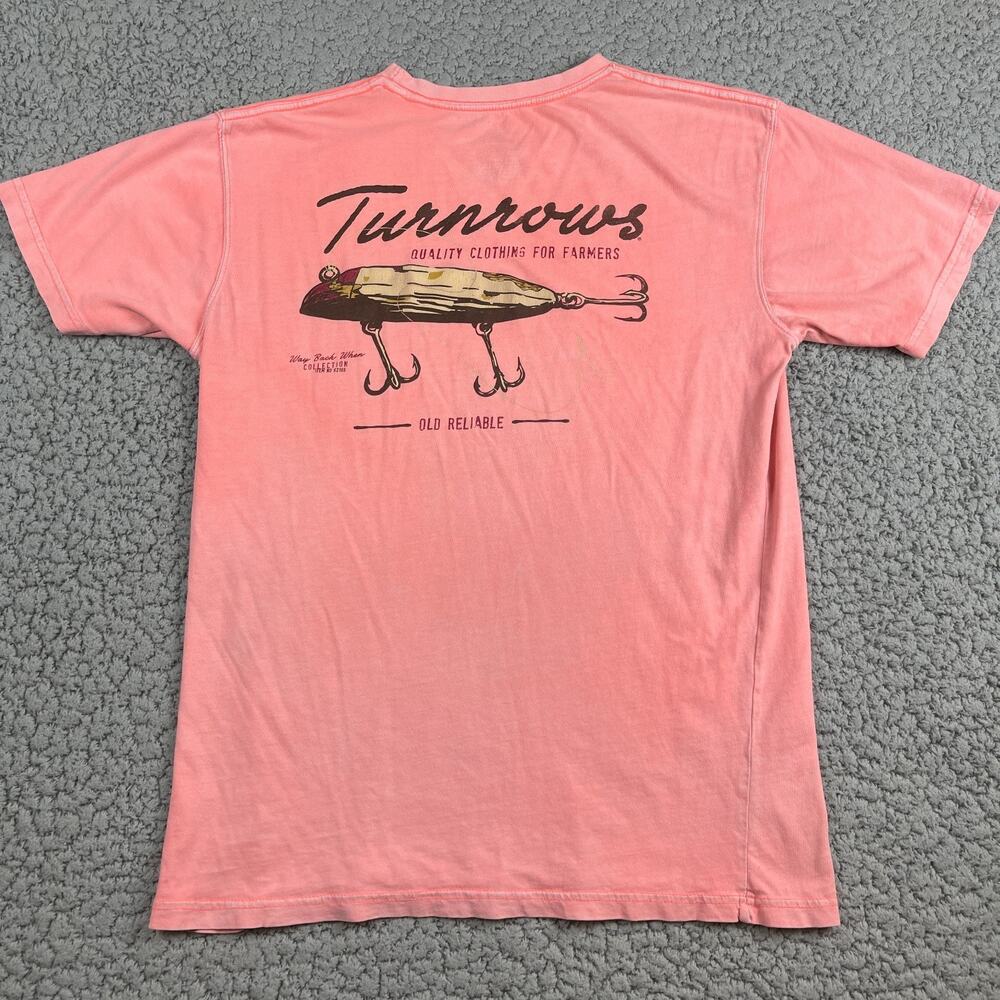 Turnrows Farm Equipment Pocket T-Shirt Mens Large Salmon Fishing Lure Sun Washed